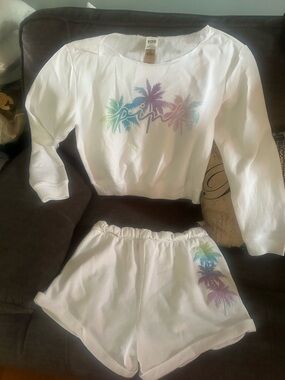 Victoria's Secret PINK White Sweatshirt with Pastel Palm Print